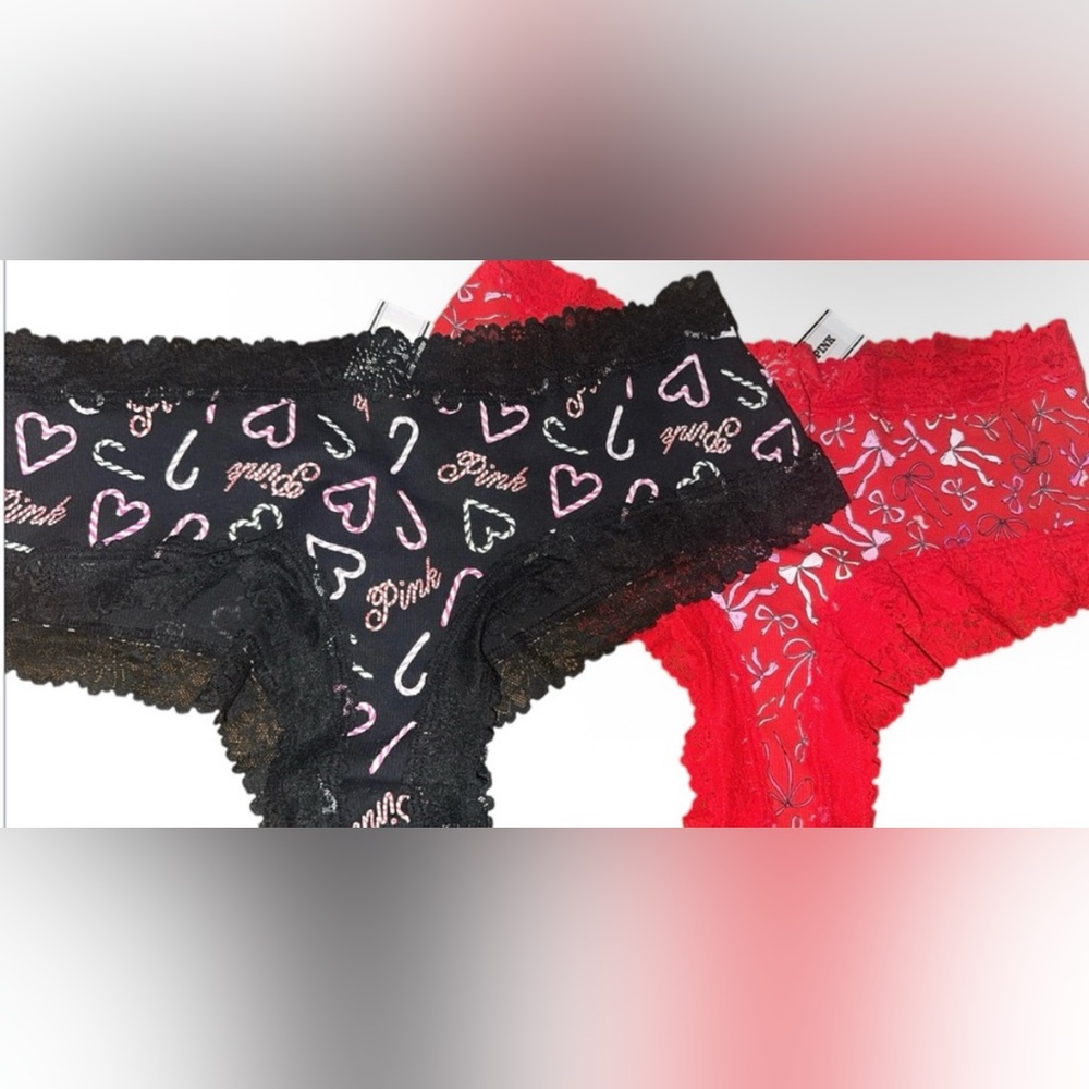 PINK Victoria's Secret Black and Red Lace Panties Set NWT